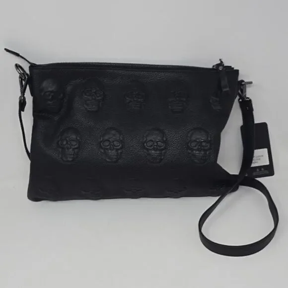Impeller Black Skull Embossed italian leather crossbody Bag